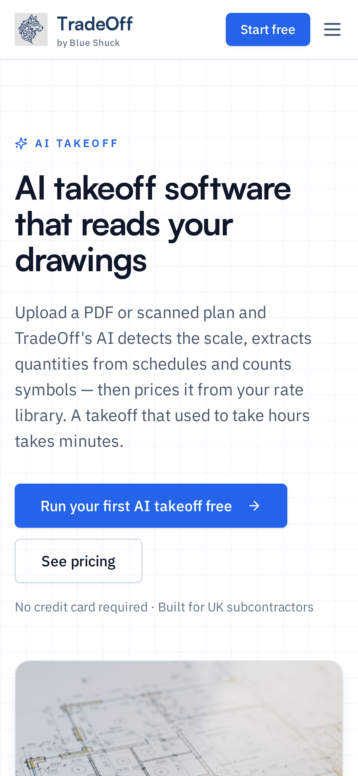 TradeOff for UK Subcontractors - Snap → AI Takeoff → Estimate → Bill